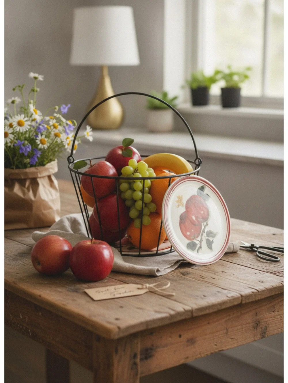 Vintage Hallmark Metal Apple Basket wCeramic Tile Bottom by Jan Karon,Fall Decor